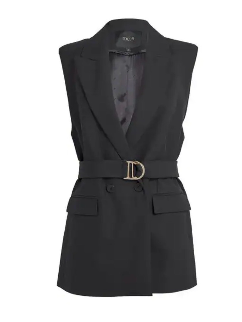 Maje Black Sleeveless Belted Blazer Vest with Gold Buckle